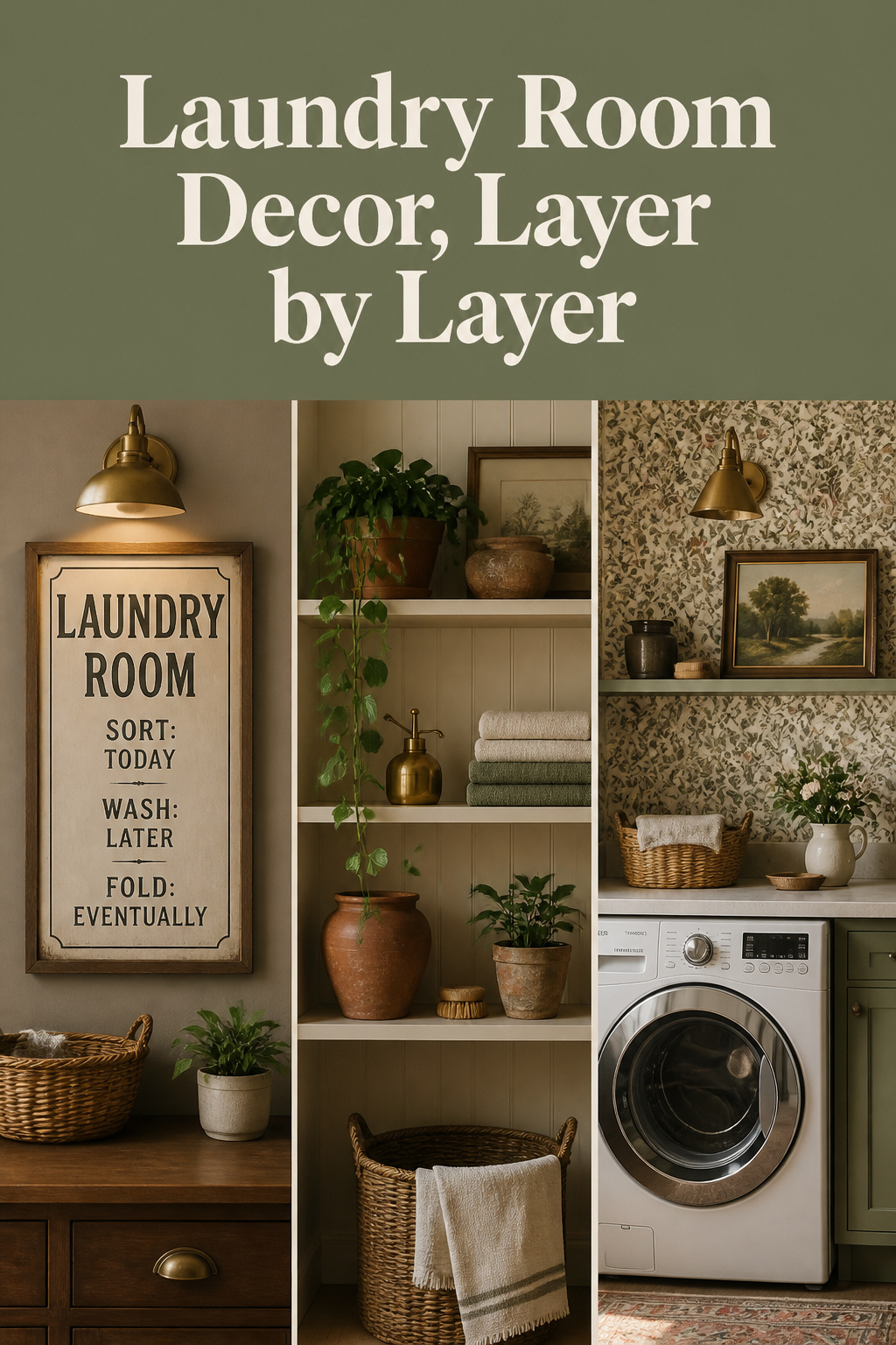 Pinterest pin collage of laundry room wall art, a styled open shelf and a wallpapered accent wall with sage-green text band reading Laundry Room Decor, Layer by Layer