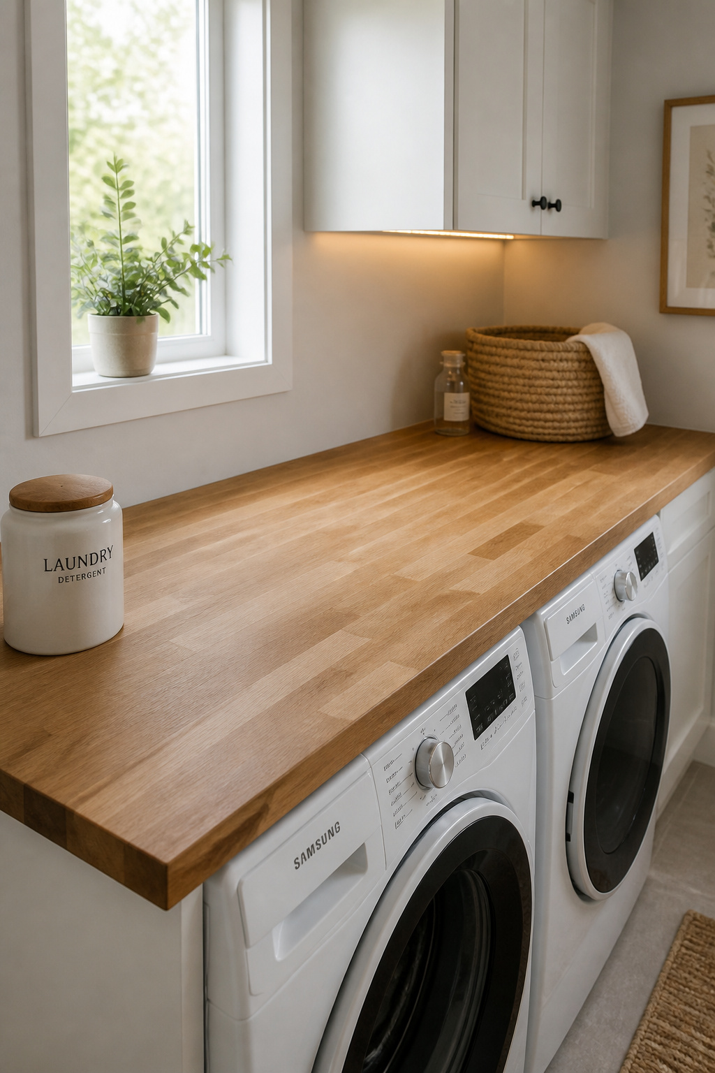 Butcher-block countertop over front-load washer and dryer in a compact white laundry room with upper white shaker cabinets