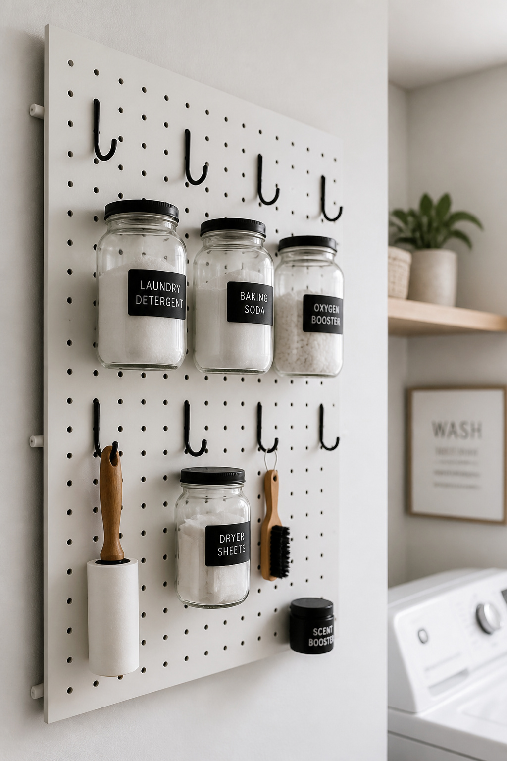White-painted pegboard on laundry room wall with matte-black hooks holding labelled glass jars of laundry supplies and lint roller