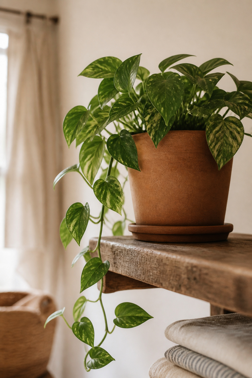 Trailing pothos plant in an unglazed terracotta pot on a reclaimed oak laundry room shelf