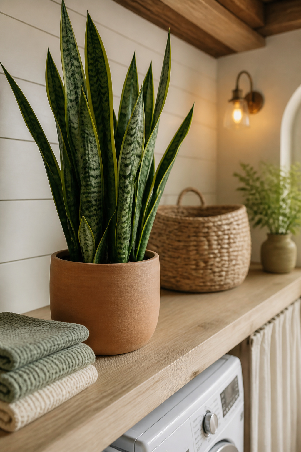 Snake plant in a terracotta pot on an open wood shelf above a washer and dryer in a warm, plant-forward laundry room