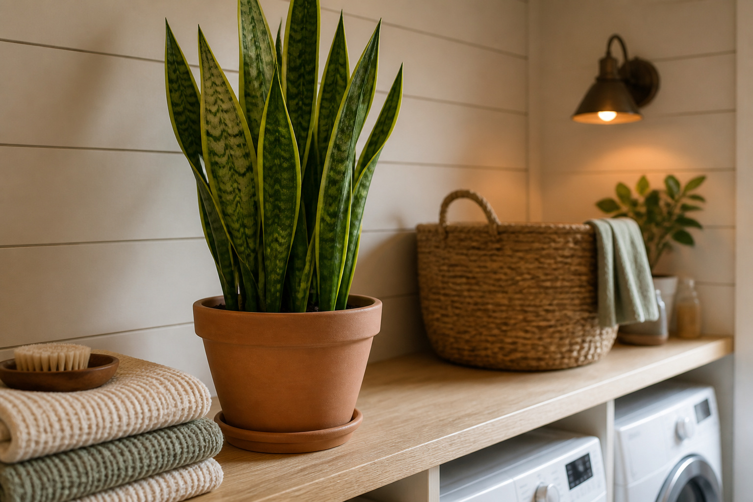 Snake plant in a terracotta pot on an open wood shelf above a washer and dryer in a warm, plant-forward laundry room