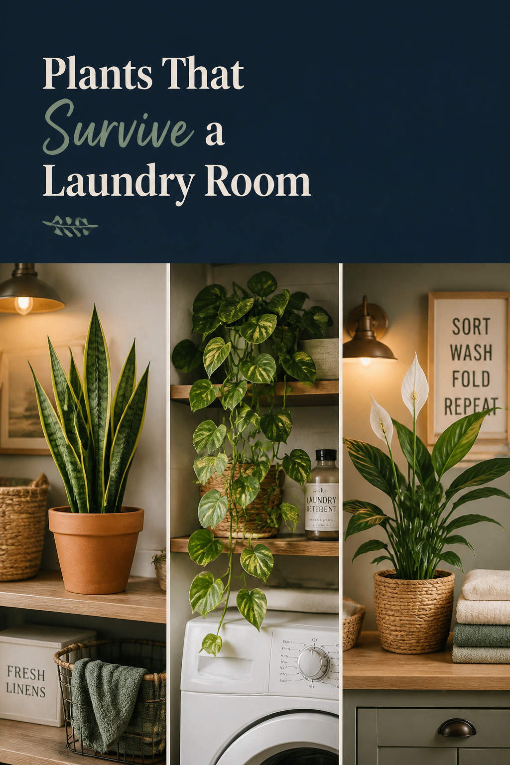 Pinterest pin collage of three laundry room plant styling ideas: snake plant, trailing pothos, and peace lily