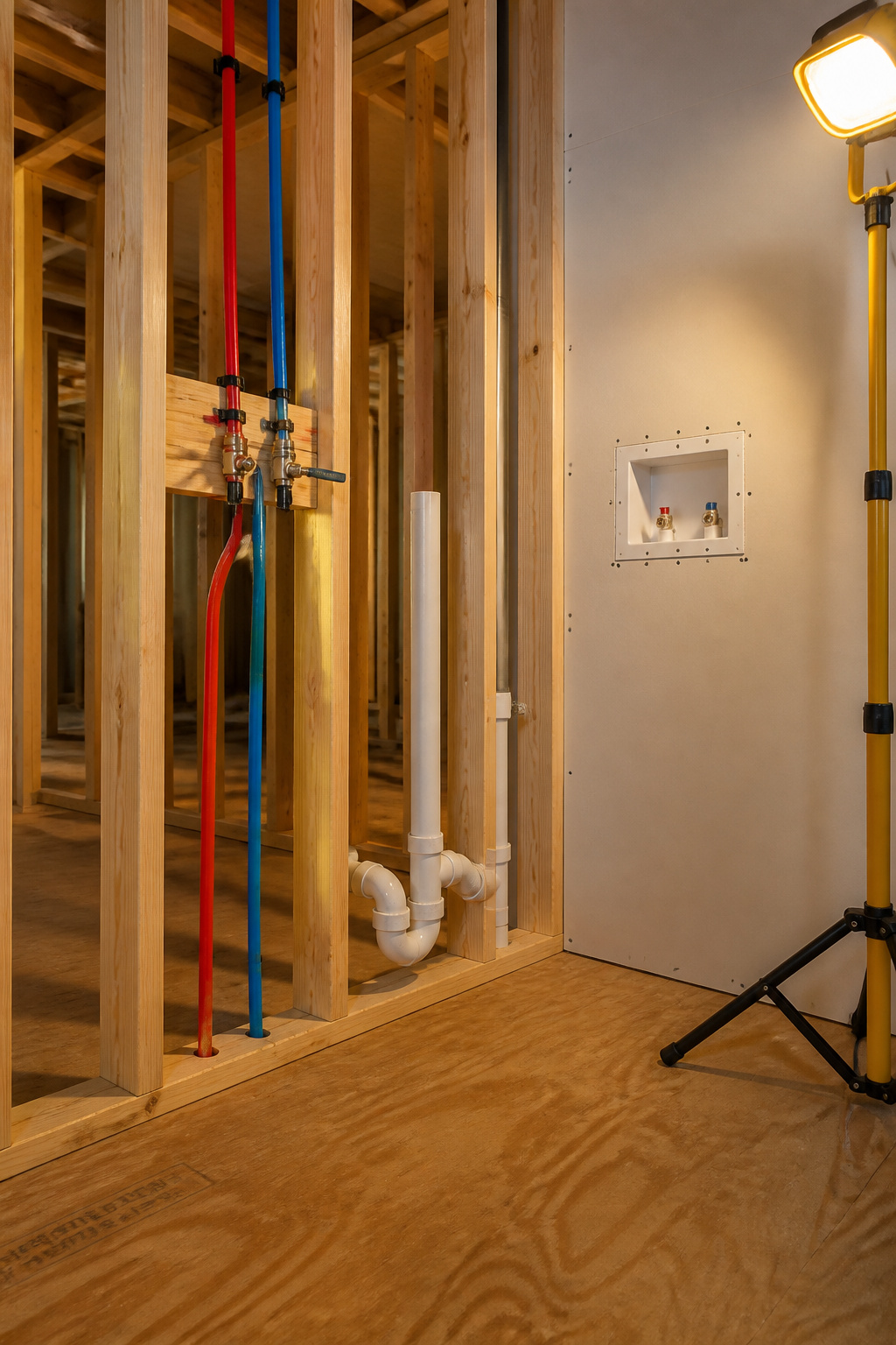 Open-framed second-floor laundry alcove showing PEX supply lines with ball valves at 48 inches, a 2-inch ABS standpipe rising from a vented P-trap, and a 1.25-inch vent pipe rising vertically from the drain arm