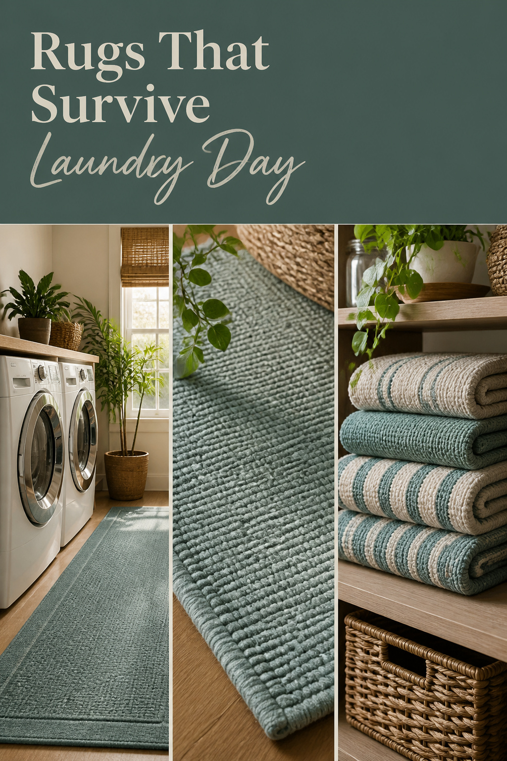 Pinterest pin collage of washable laundry room rugs, a textured cotton mat, and coordinating striped towels