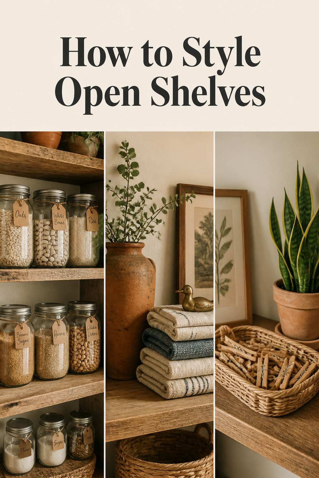 Pinterest pin collage of three laundry shelf styling ideas: matched jars, a triangle-grouped vignette, and a corralling tray