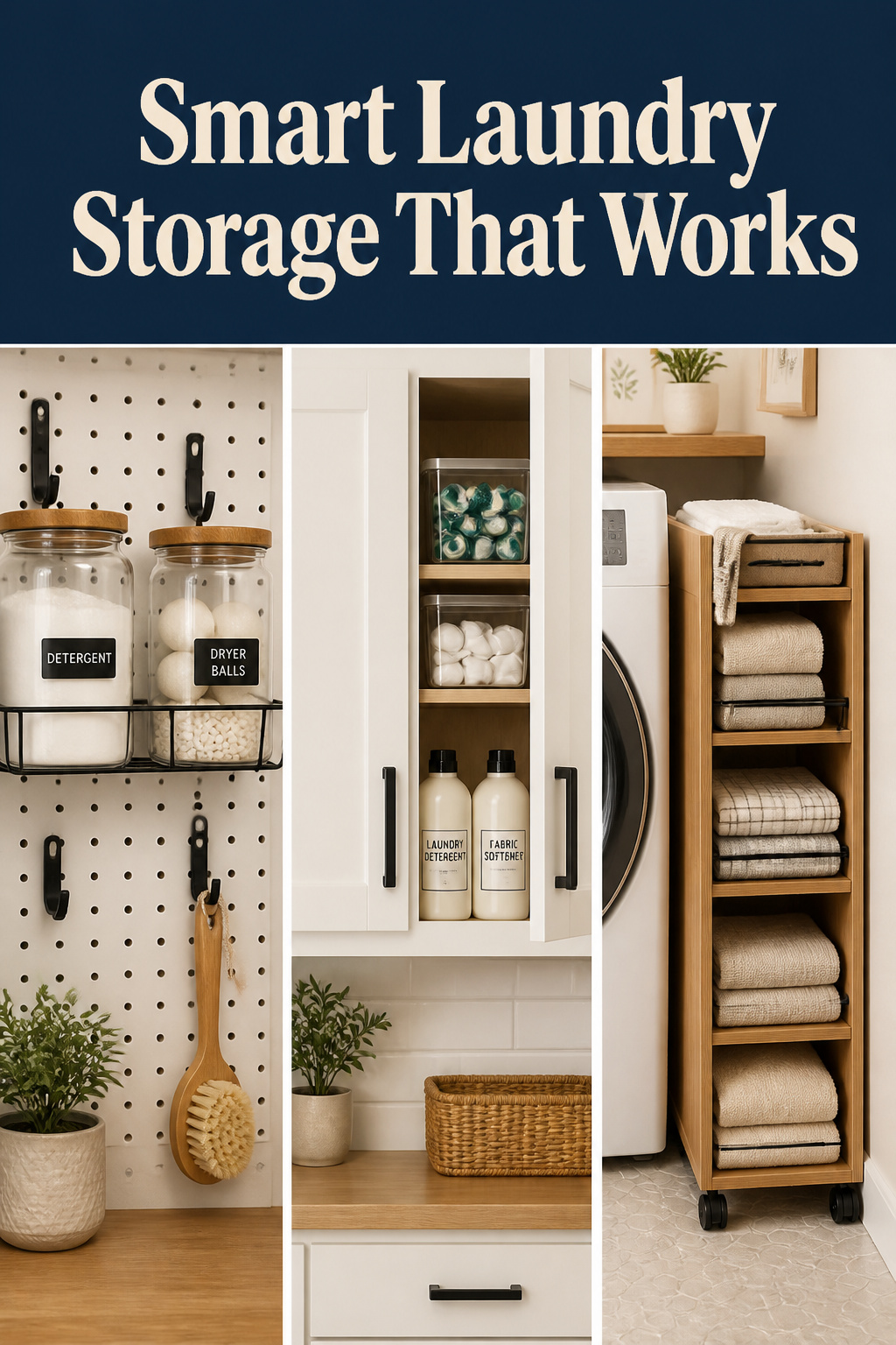 Three-panel Pinterest collage of laundry room storage ideas: pegboard with supplies, white cabinet, and slim pull-out cart