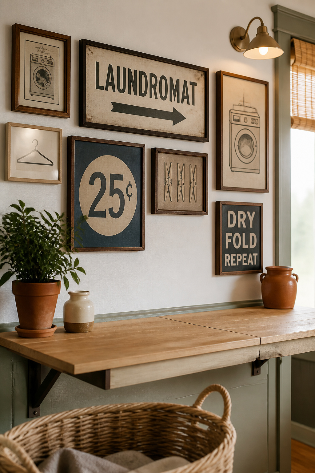 Small gallery wall of framed vintage laundromat signs and typographic prints above a wood folding counter in a warm, plant-forward laundry room