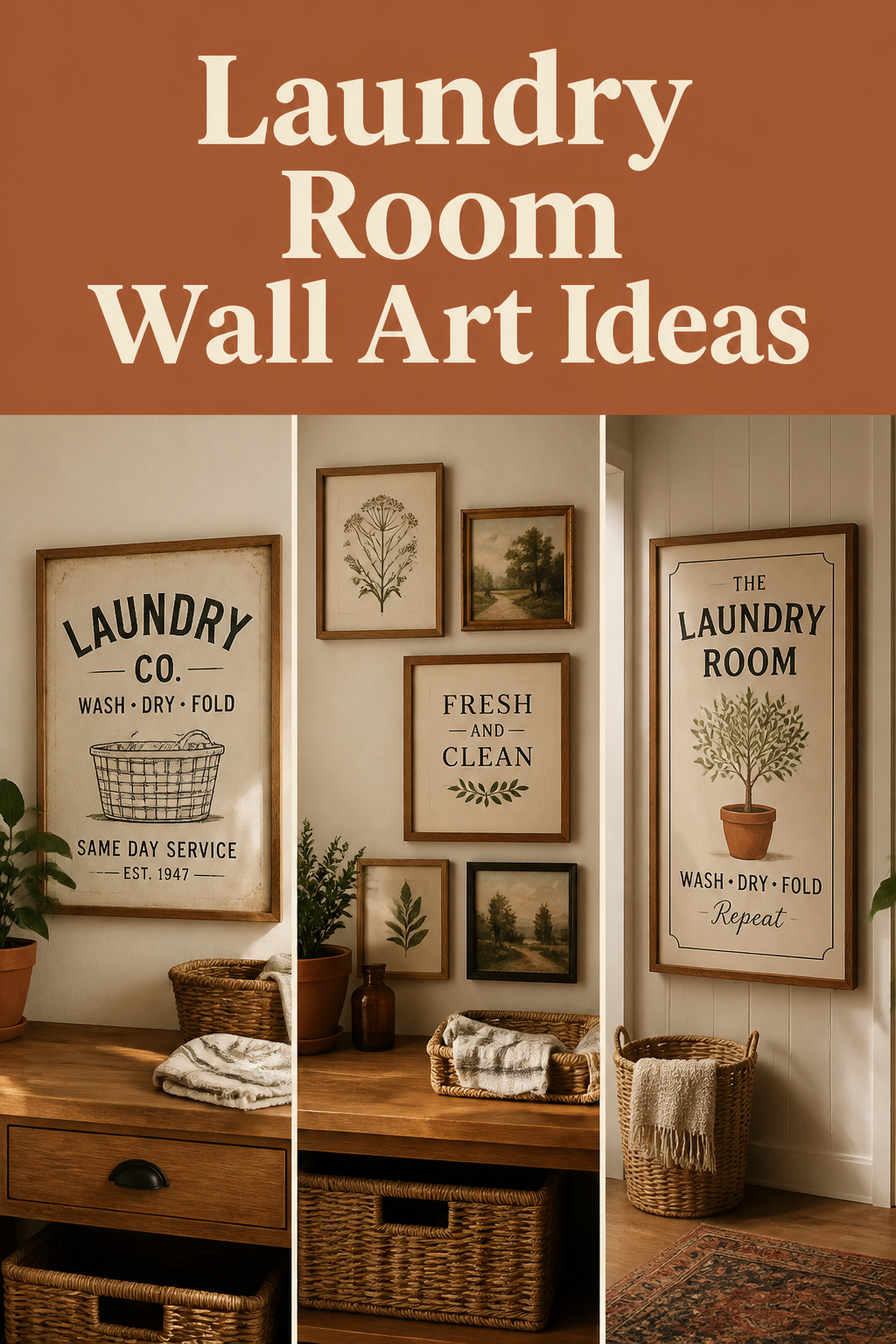 Pinterest pin collage of three laundry room wall art styles: vintage sign, gallery wall cluster, and single statement print