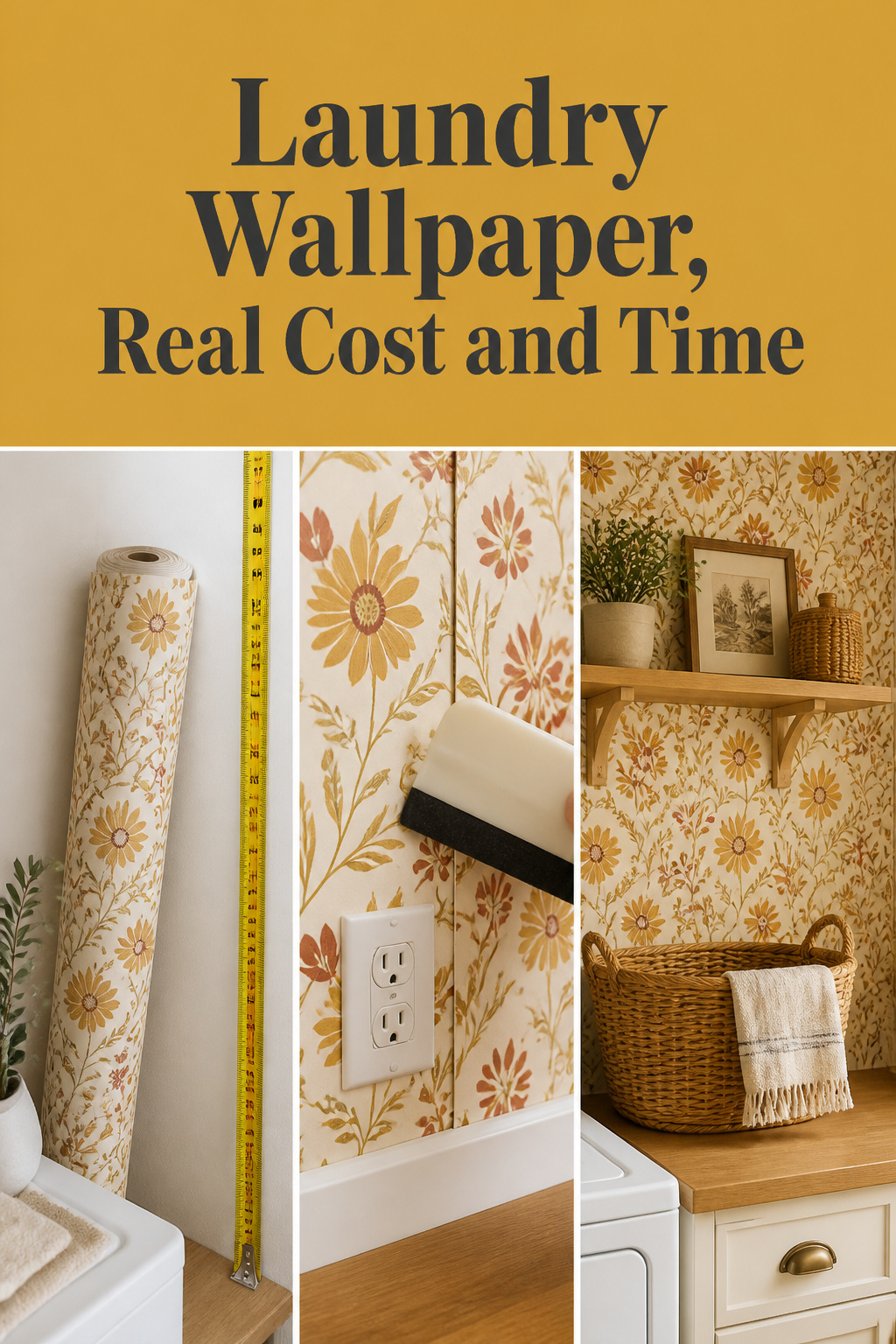 Pinterest pin showing a peel-and-stick wallpaper roll, seam smoothing detail, and finished mustard laundry room accent wall