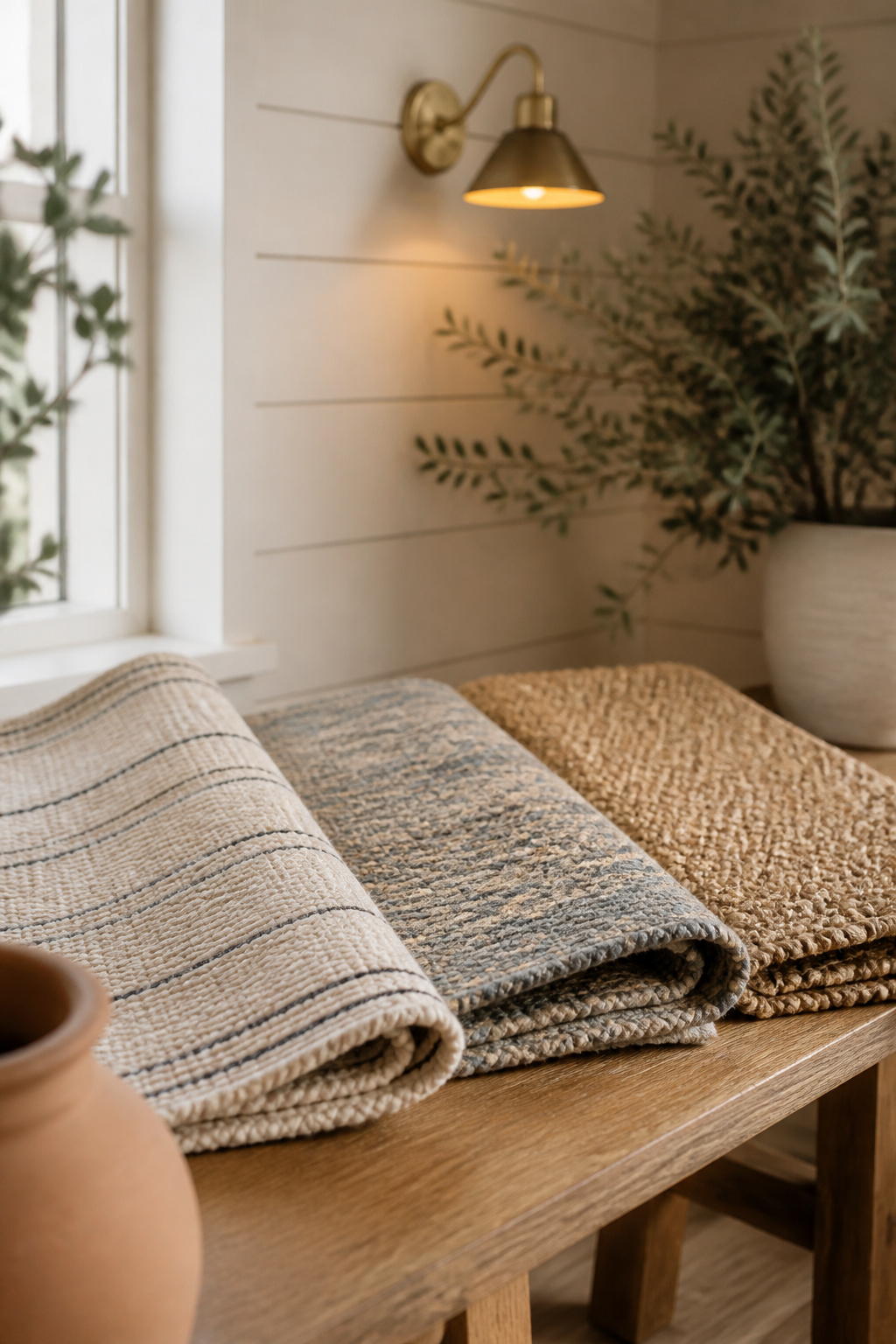 Folded cotton, poly-blend and jute rug material swatches compared side by side for laundry room use