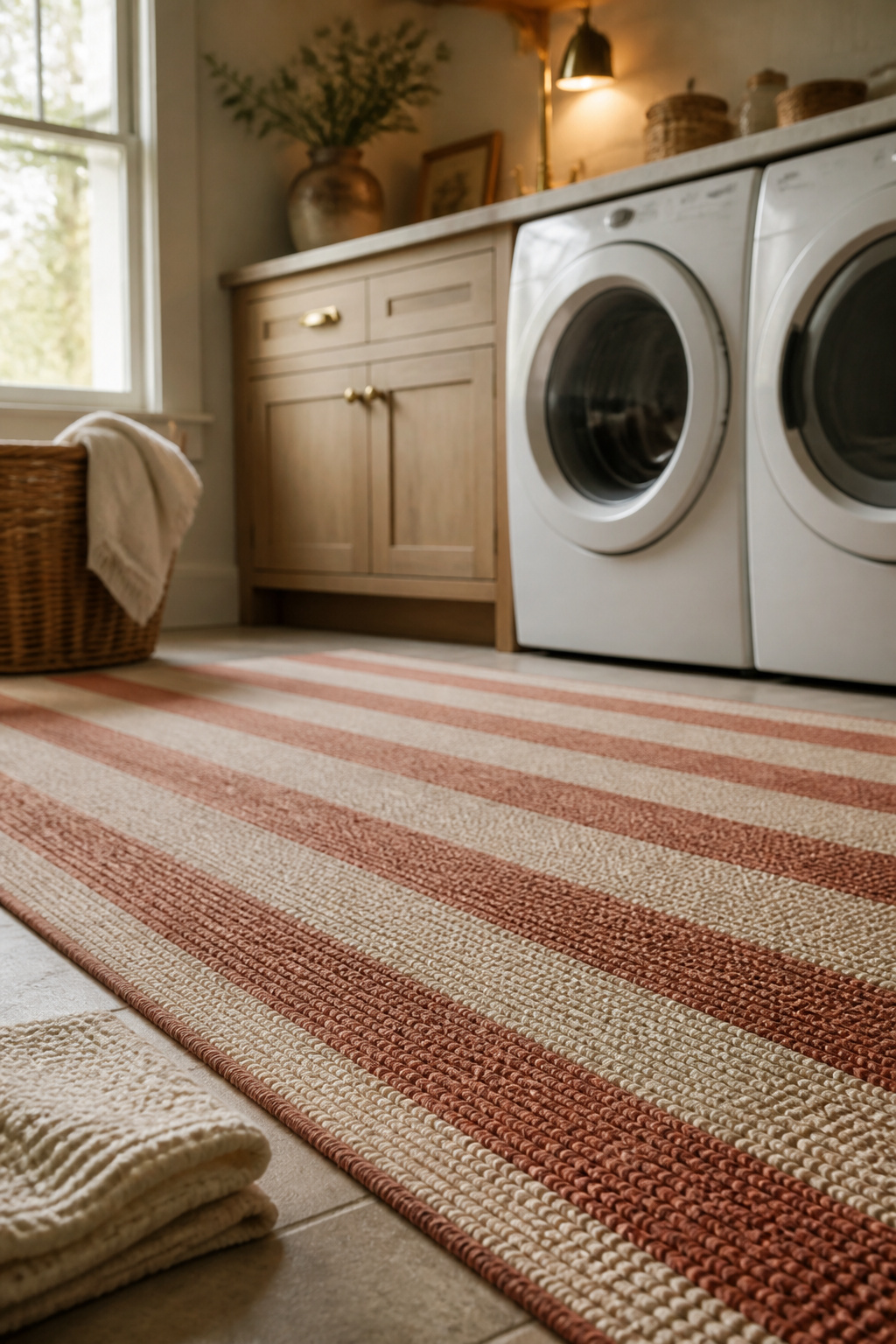 Washable terracotta and cream striped runner rug laid in front of a washer and dryer in a warm laundry room