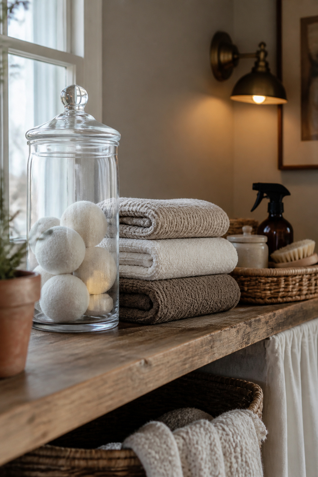 Styled open laundry shelf with a tall glass jar, folded towels and a low woven tray arranged in three height tiers