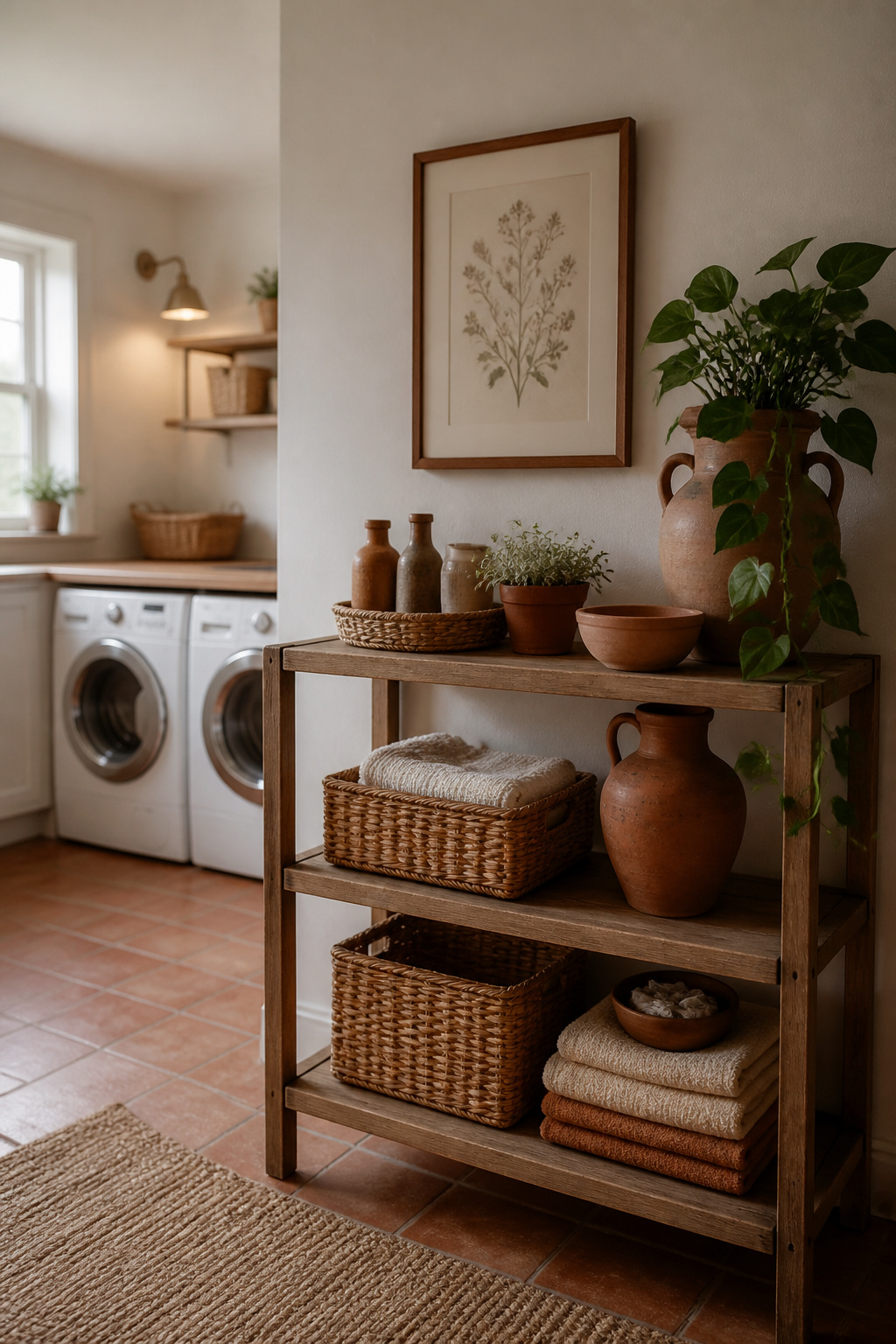 A laundry room where the styled open shelf, wall art, and a trailing plant share one warm, coordinated palette