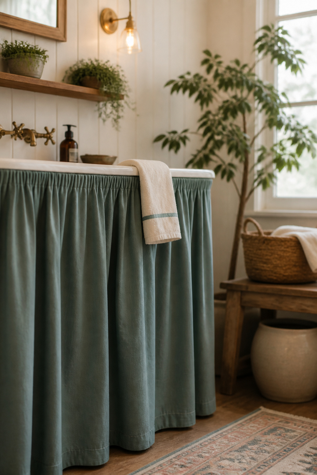 Muted teal fabric sink skirt curtain hiding laundry sink plumbing with a coordinating striped towel