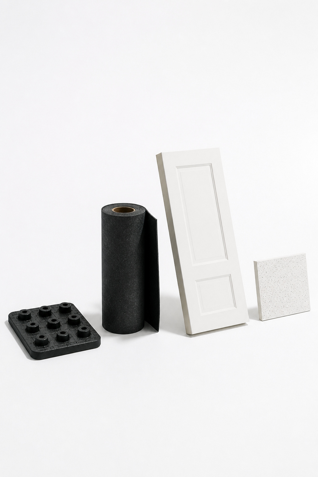 Four laundry room soundproofing materials arranged by payoff rank: anti-vibration pad, acoustic underlayment roll, solid-core door slab, acoustic panel