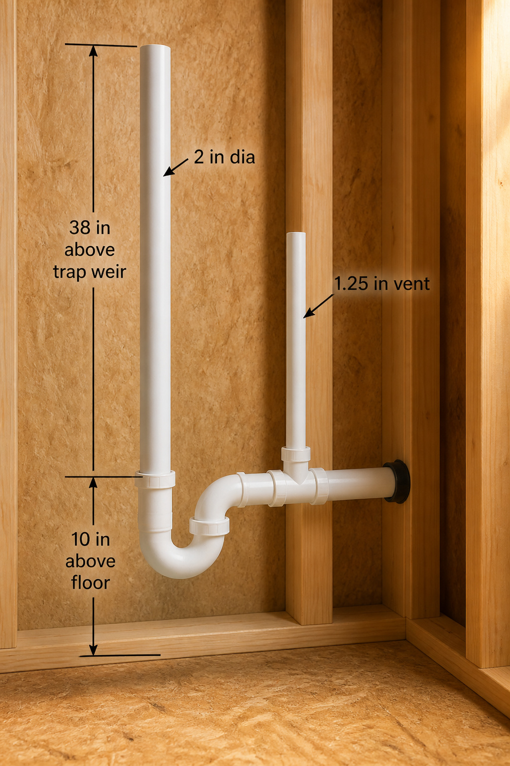 Technical render of laundry room standpipe and P-trap showing 38-inch standpipe height above trap weir, trap weir at 10 inches above subfloor, 2-inch ABS standpipe, and 1.25-inch vent pipe rising from drain arm