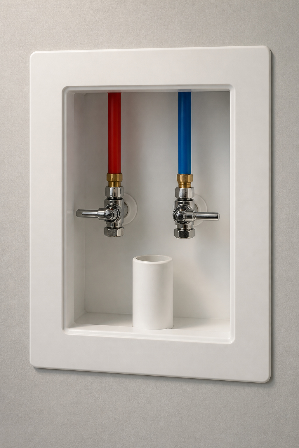 Recessed laundry washer box set into drywall showing red and blue PEX supply lines with chrome quarter-turn ball valves and a 2-inch standpipe stub