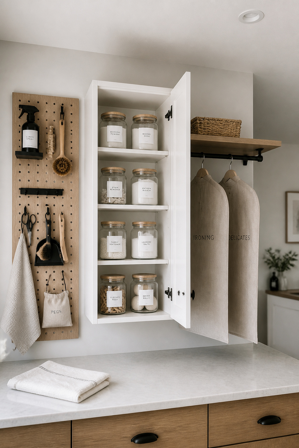 Laundry room organisation wall combining pegboard hooks, labelled matching jars in open cabinet, and garment rod with linen bags