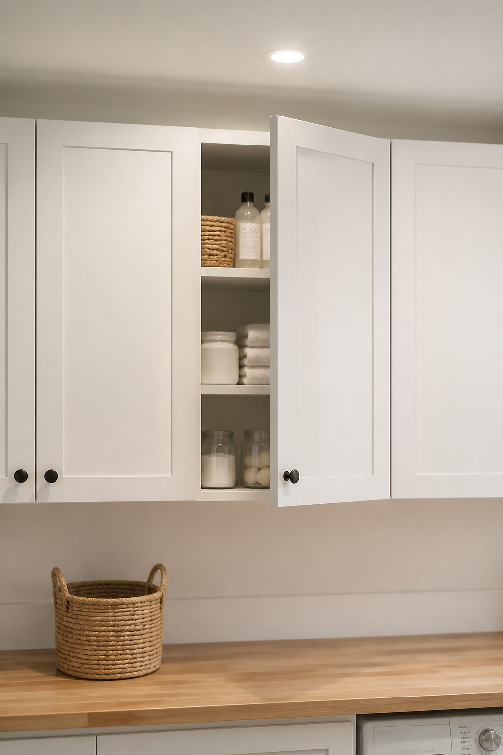 White shaker upper cabinets slightly open above a laundry counter showing organised supplies inside, with rattan basket below
