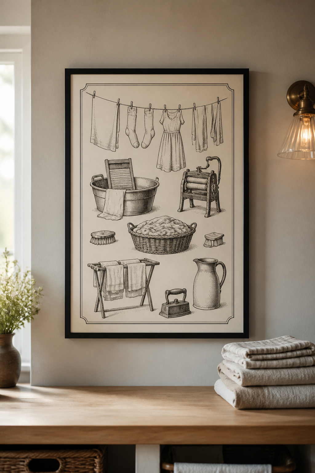 Vintage-style typographic laundry print in a matte-black aluminium frame above a light-oak folding counter