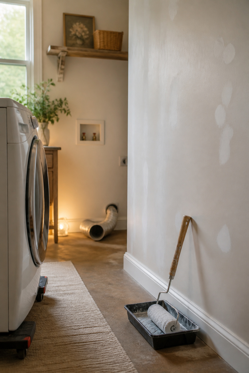 Cleaned and primed laundry wall with washing machine pulled forward on sliders before wallpaper installation
