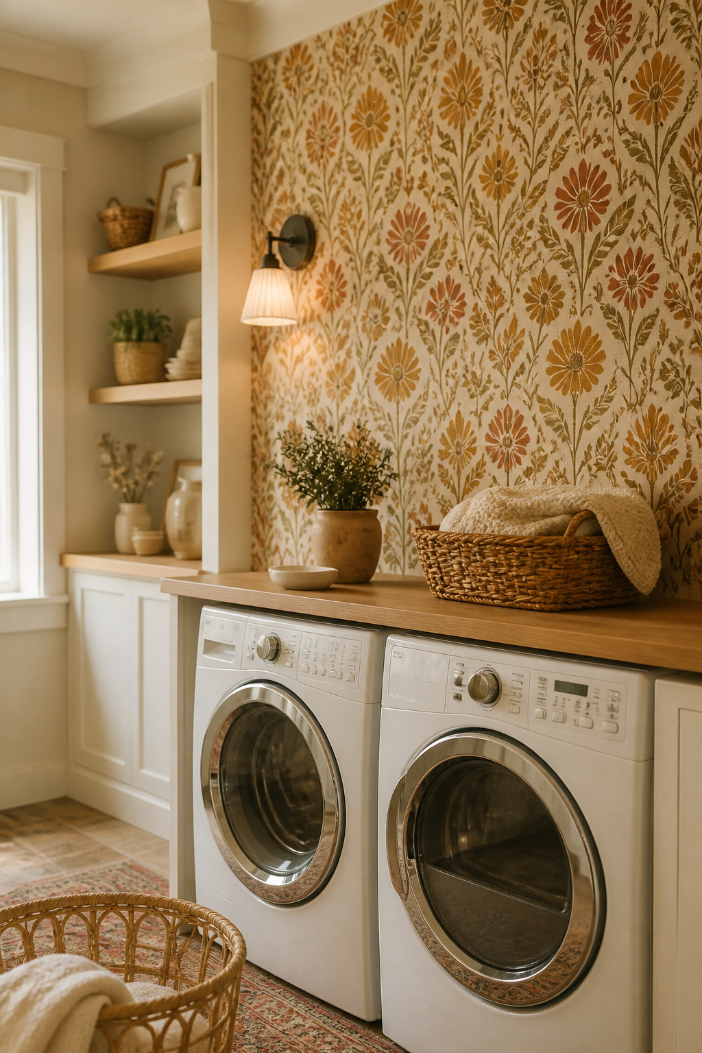 Laundry room feature wall behind washer and dryer covered in warm mustard and terracotta botanical peel-and-stick wallpaper