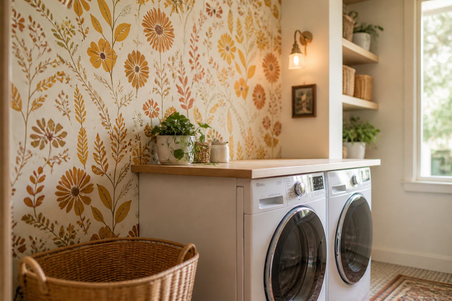 Laundry room feature wall behind washer and dryer covered in warm mustard and terracotta botanical peel-and-stick wallpaper