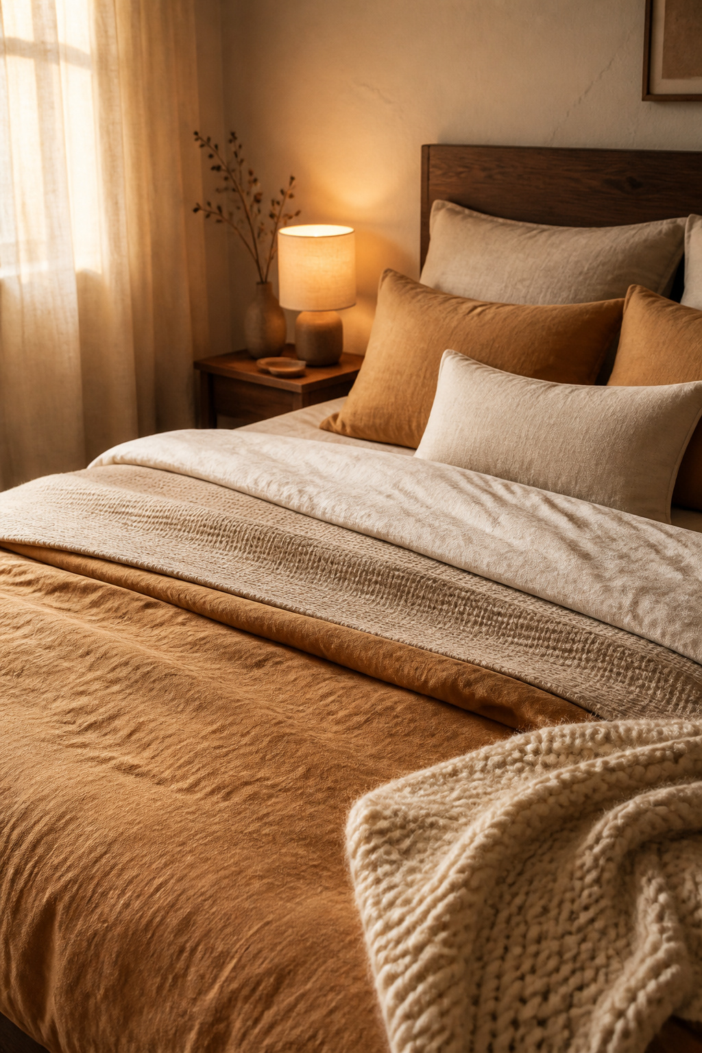 A neatly layered bed with linen sheets, a waffle coverlet and a honey-toned duvet in a warm, golden-lit bedroom