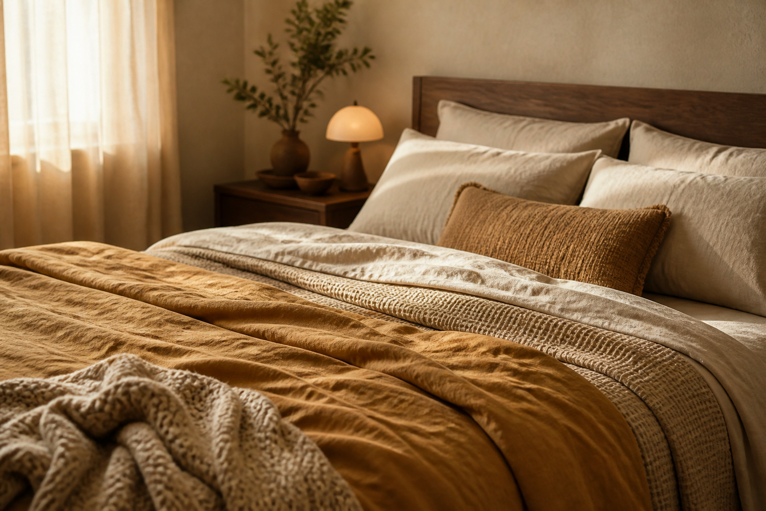 A neatly layered bed with linen sheets, a waffle coverlet and a honey-toned duvet in a warm, golden-lit bedroom
