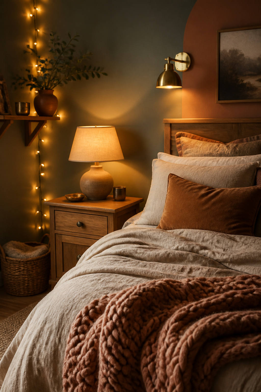 Bedroom corner glowing at dusk with a bedside lamp, brass wall sconce and warm string lights layered together against a sage and terracotta wall