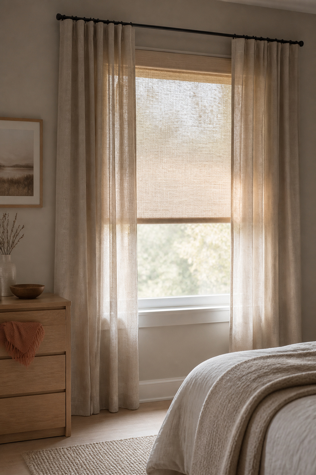 Bedroom window layered with a woven roller shade under neutral linen curtains on a wood rod