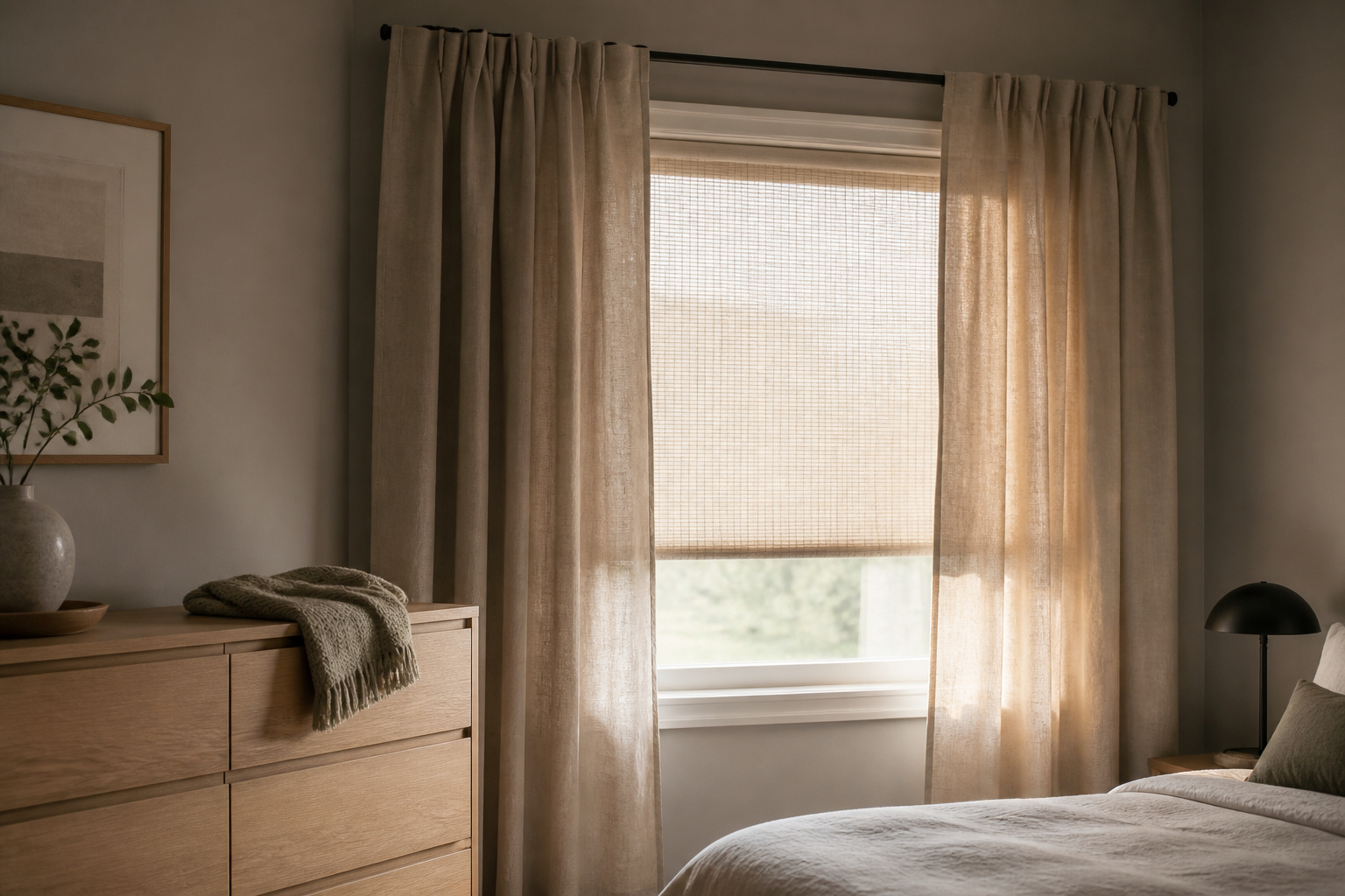 Bedroom window layered with a woven roller shade under neutral linen curtains on a wood rod