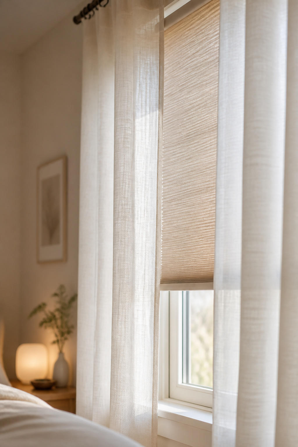 Bedroom window layered with a light-oak blind mounted at the glass and a soft ivory sheer curtain on an outer rod