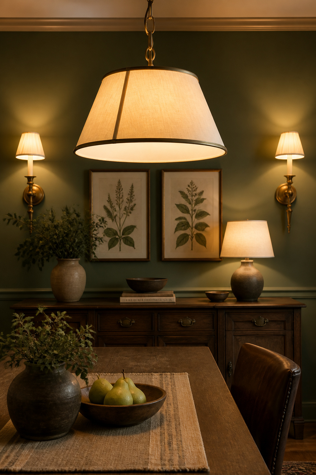 Layered eclectic dining room with a linen pendant, aged brass wall sconces flanking a sideboard, and a warm table lamp creating three levels of intimate light