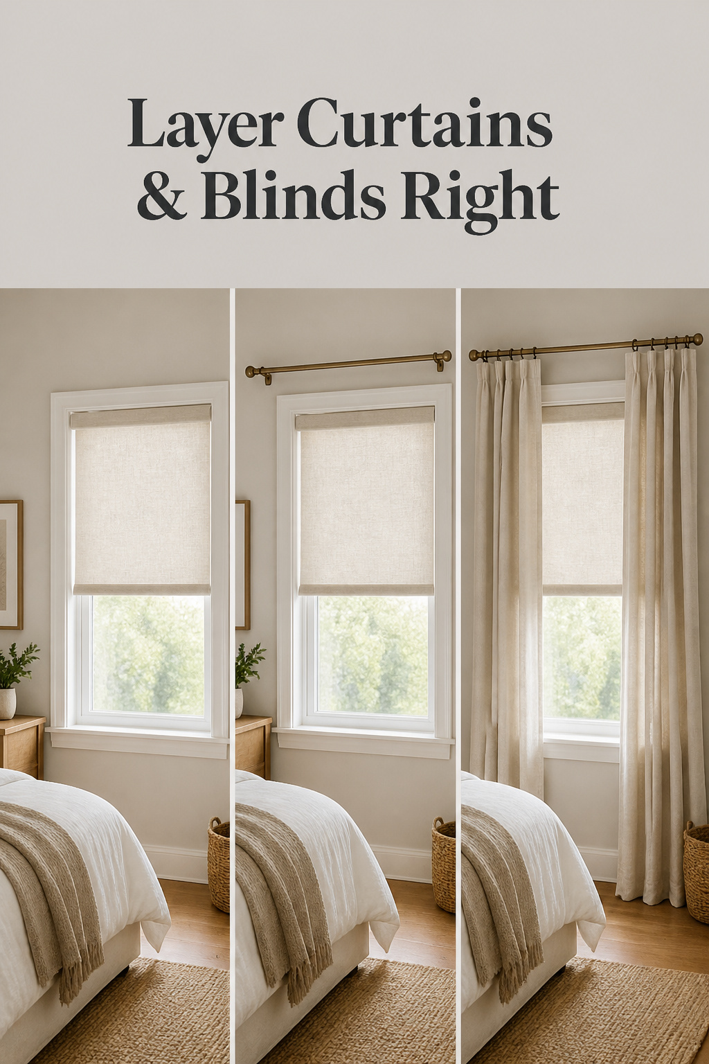 Three-panel Pinterest graphic showing how to layer a bedroom roller shade under linen curtains step by step