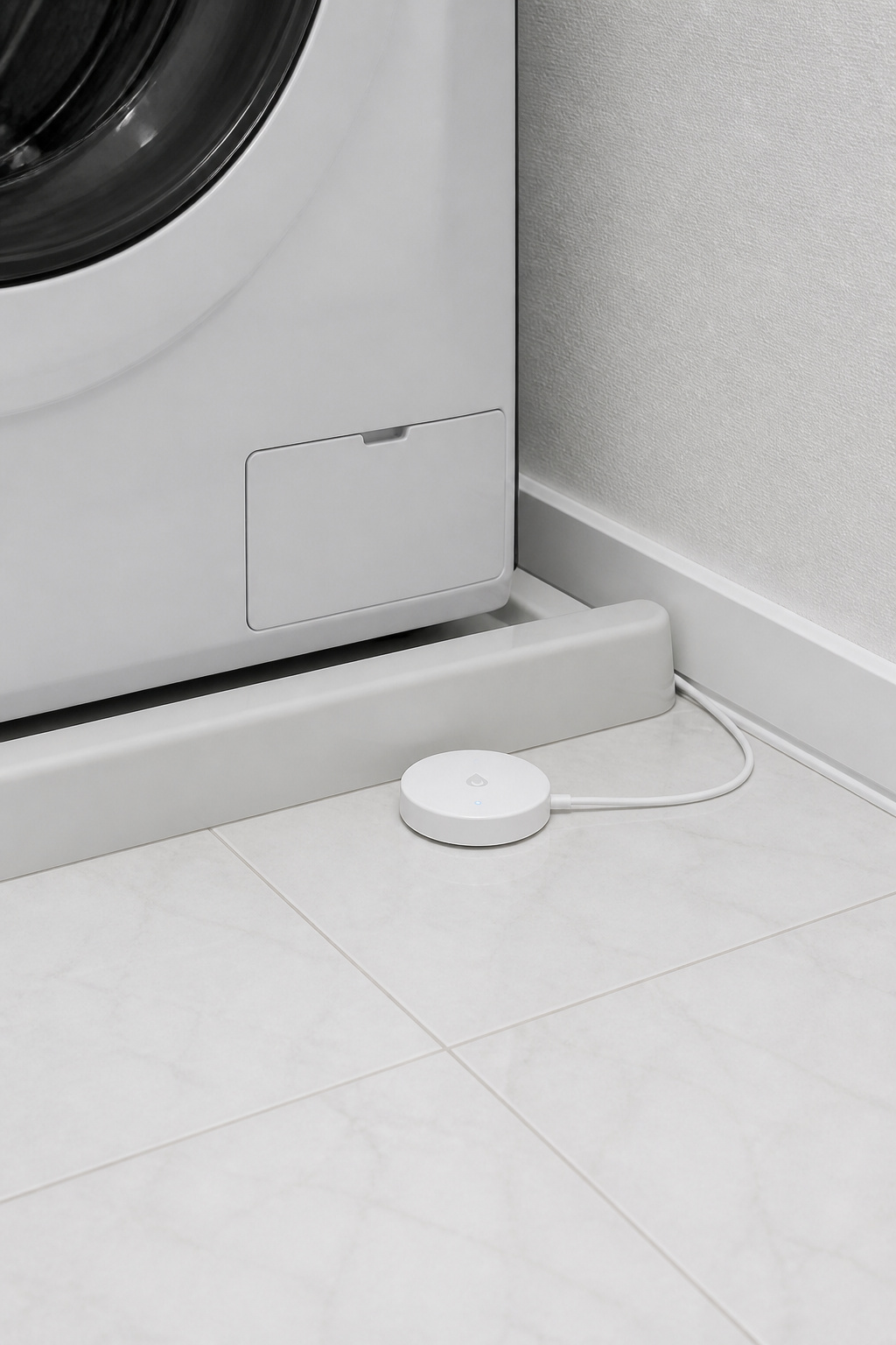 White circular leak sensor disk on tile floor at the base of a washing machine drain pan, LED indicator visible, thin cable running to baseboard