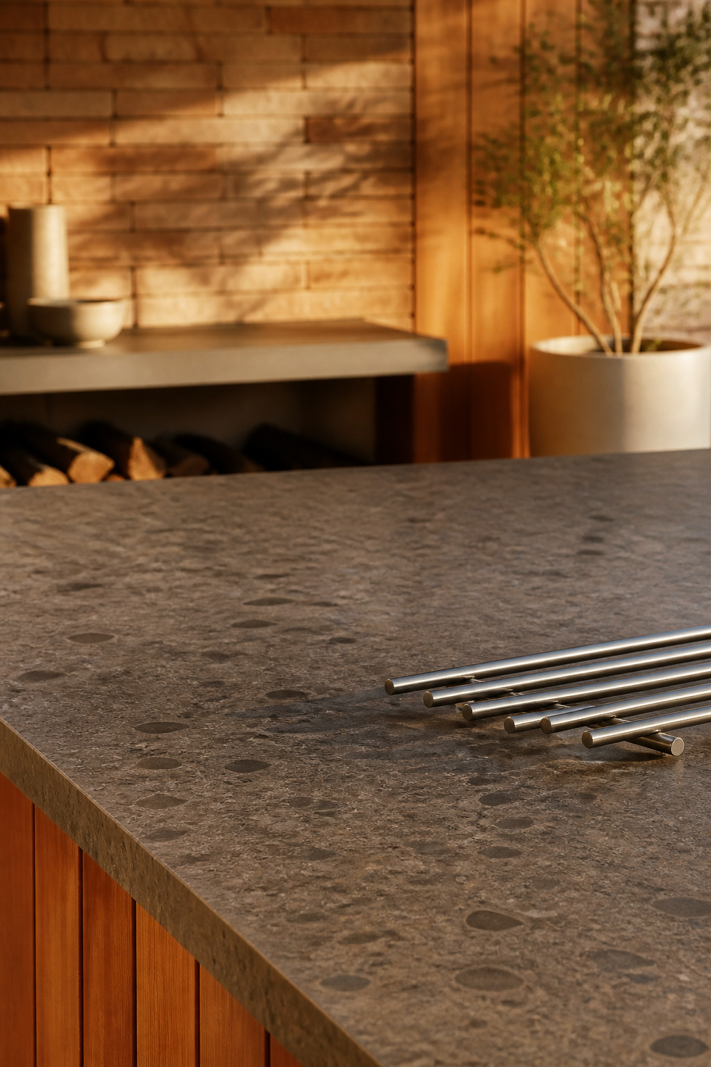 Leathered-finish granite outdoor kitchen countertop with a matte, non-reflective surface beside a built-in grill