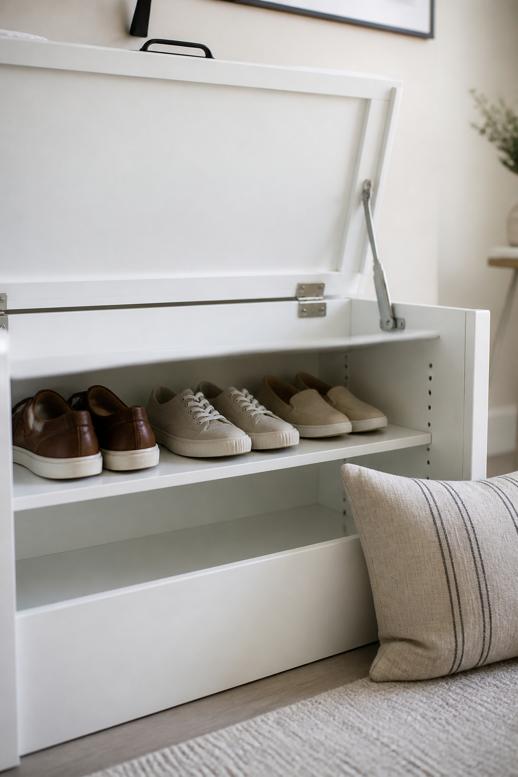 White lift-top entryway bench with lid open revealing three pairs of shoes on interior adjustable shelf