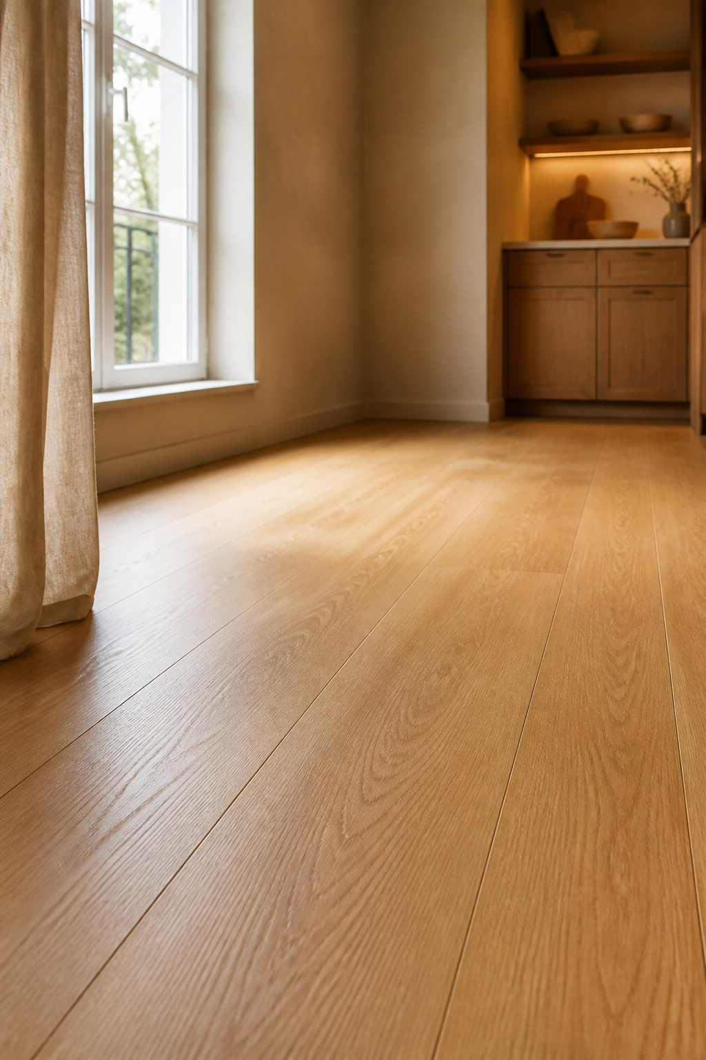 Light rift-sawn oak kitchen floor with tight linear grain extending toward a sunlit window