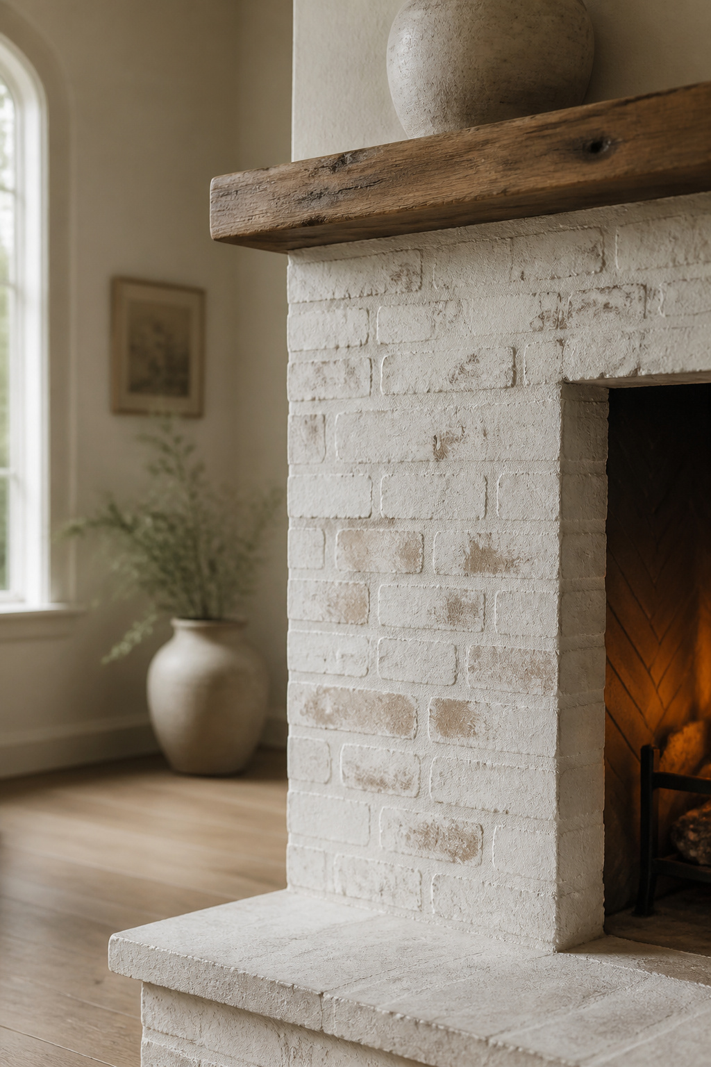 Limewashed brick fireplace surround in chalky off-white finish revealing warm brick colour in patches beneath, with a simple timber mantel
