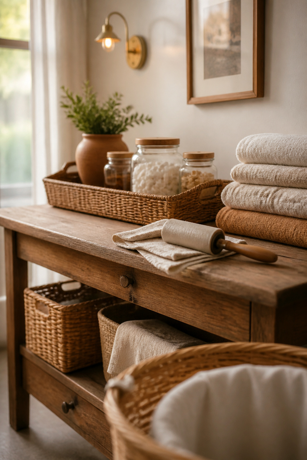 A styled laundry shelf shown mid-use with a lint roller and one towel slightly disturbed beside the tidy jars
