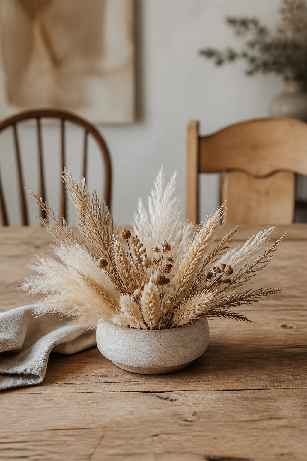 Low dried pampas grass and wheat centerpiece on a boho dining table with clear sightlines across the table
