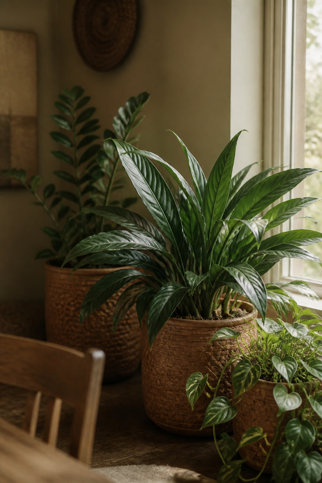 Cast iron plant, ZZ plant and trailing pothos grouped together near a dining room's single window in low light