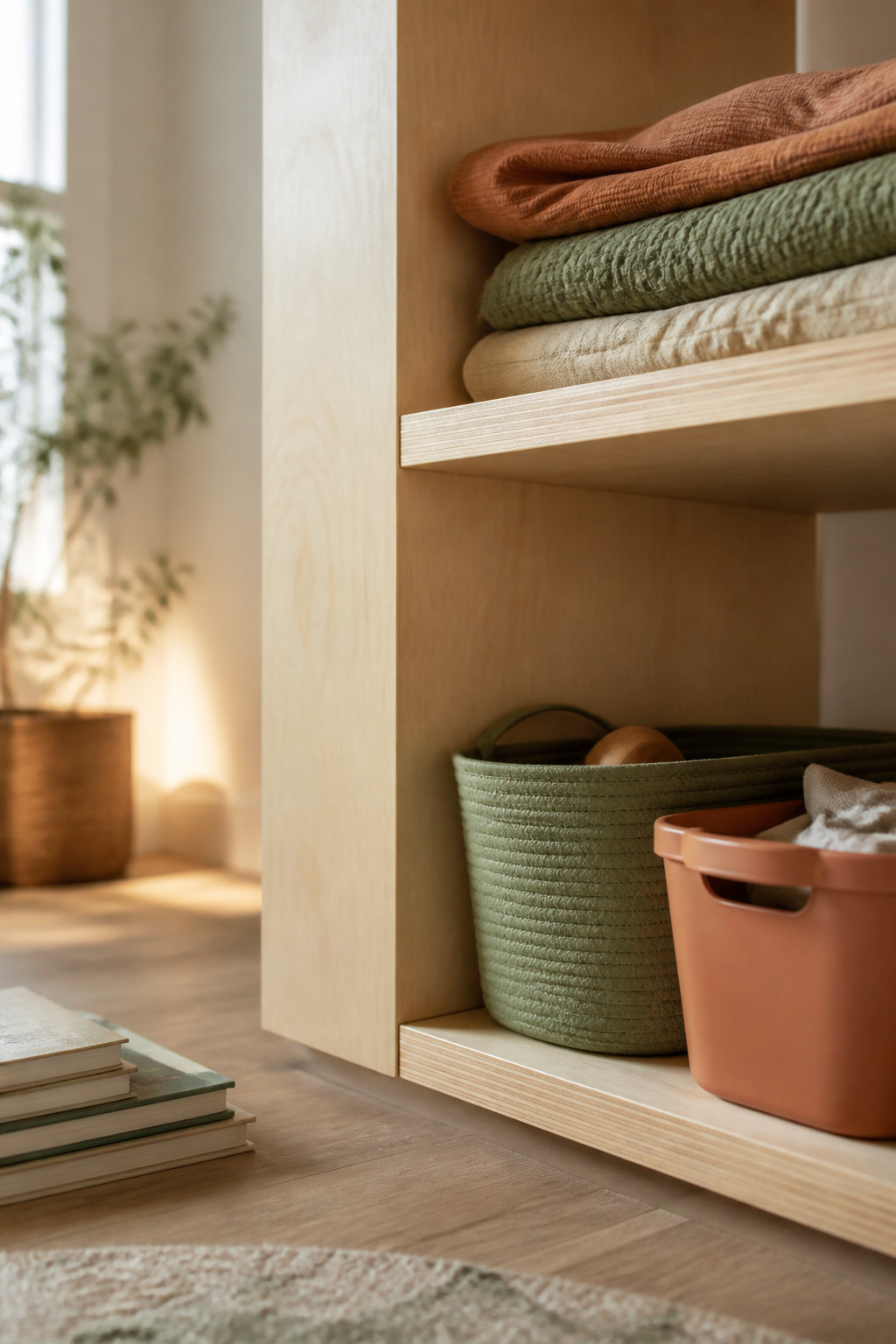 Birch shelving column with a low shelf of daily-use bins beneath a higher shelf of folded blankets
