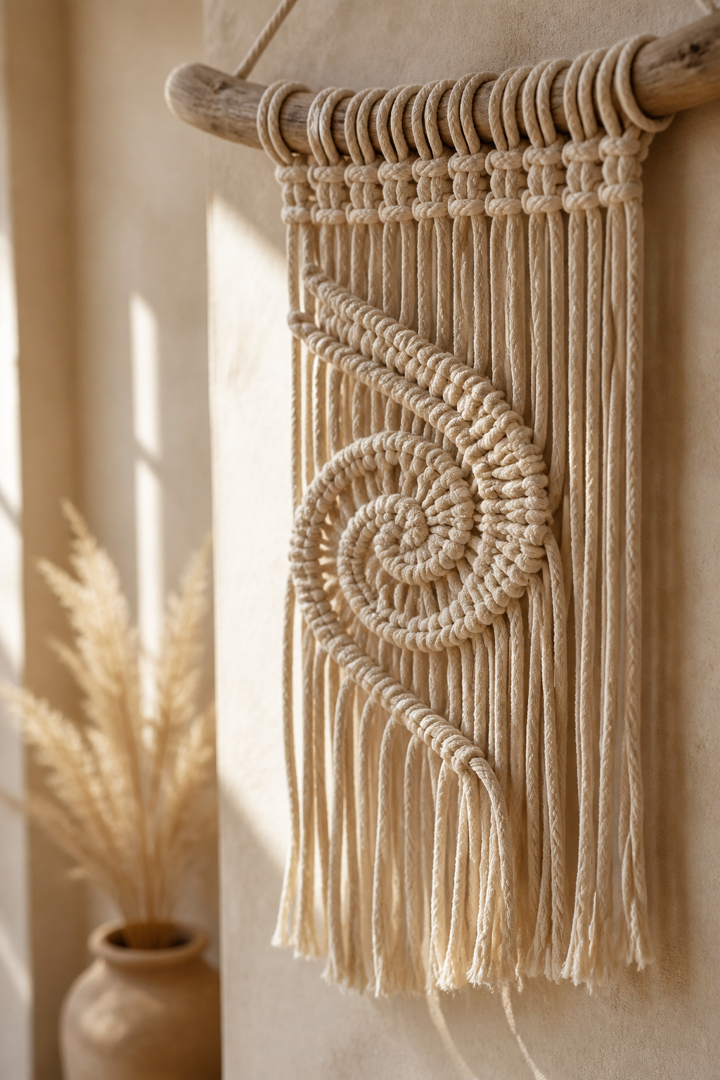 Macrame wall hanging in progress on a driftwood branch showing square knots and spiral knot pattern