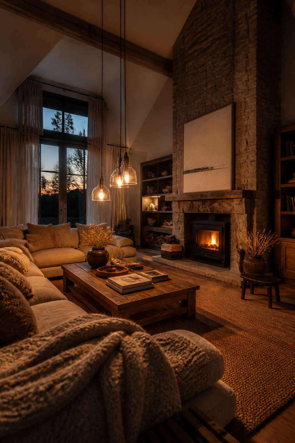 Cozy vaulted ceiling living room with low pendant lights, wood-burning stove, layered wool throws and a jute rug creating a human-scale conversation zone under a tall ceiling