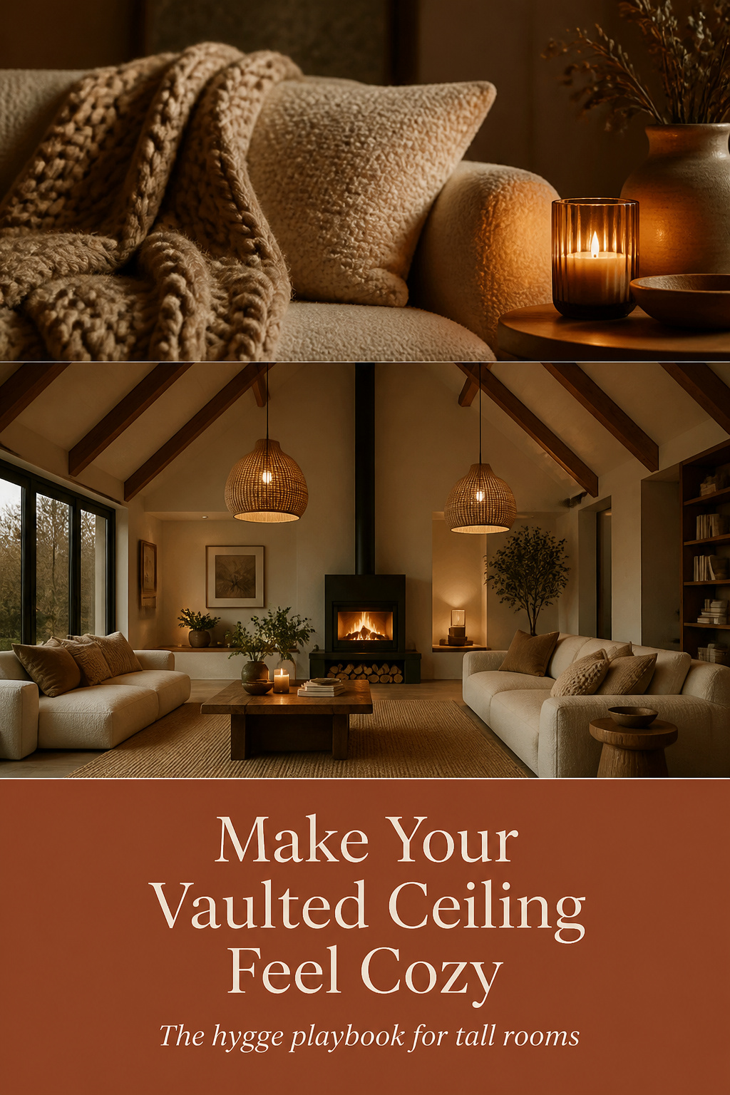 Pinterest collage showing how to make a vaulted ceiling feel cozy with layered textiles, a wood-burning stove, and dropped pendant lights
