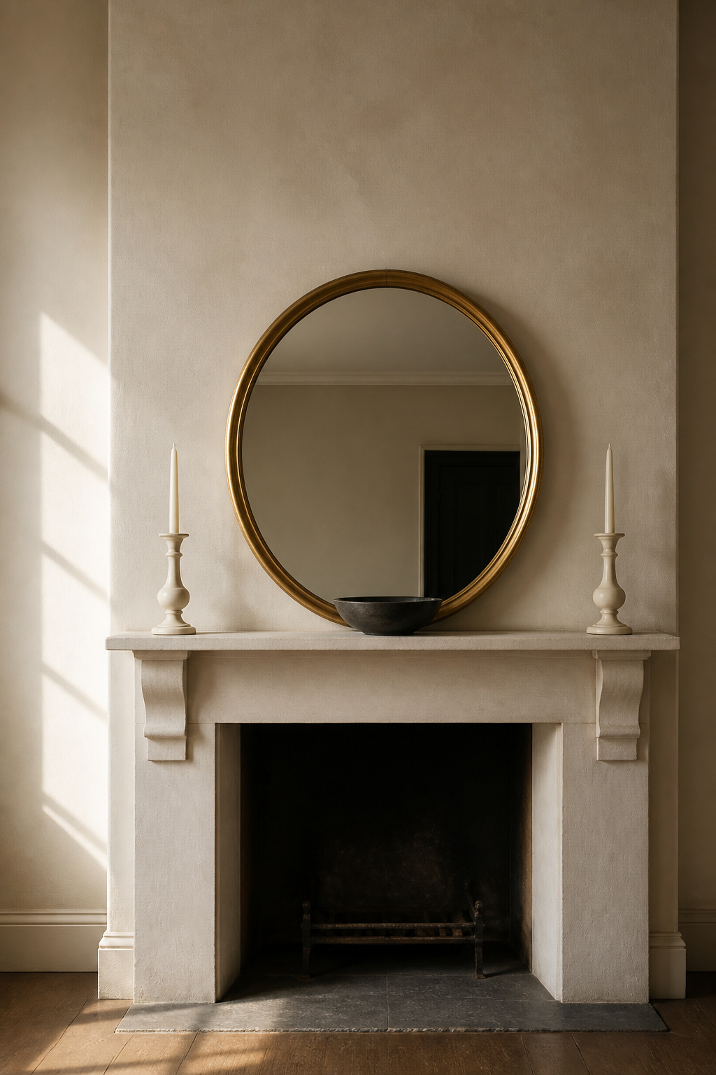 Fireplace mantel permanent base layer — gilt mirror, cream ceramic candlesticks, and a dark stoneware bowl on a pale plaster surround with clear negative space