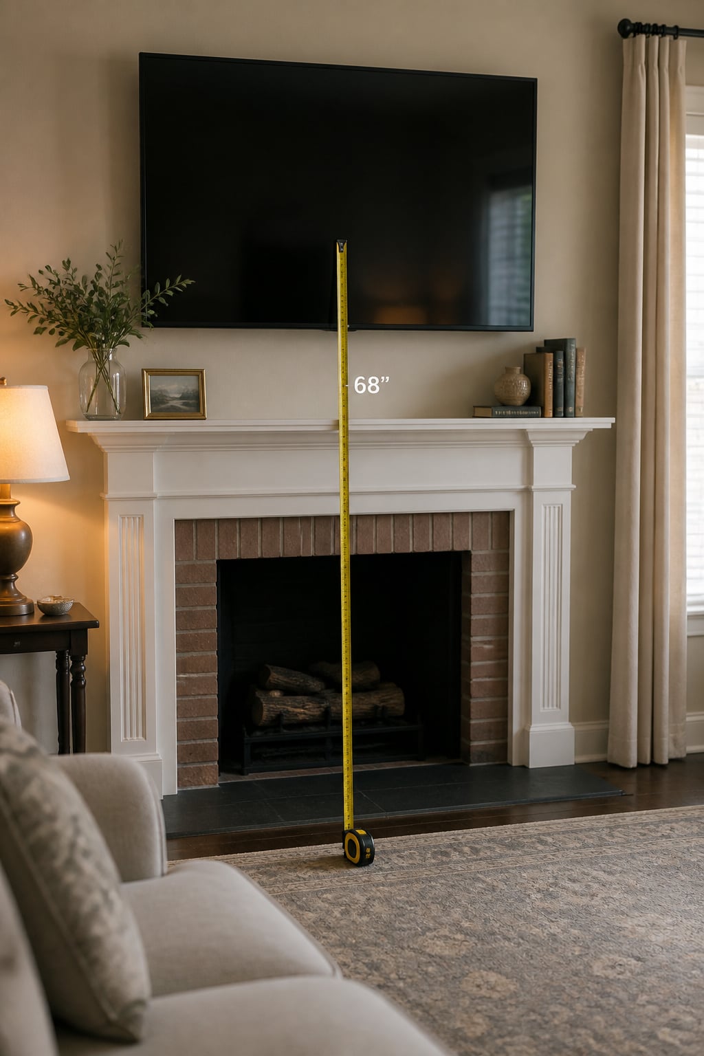 Measuring tape from floor to TV centre above a fireplace mantel showing the height discrepancy above the ergonomic ideal